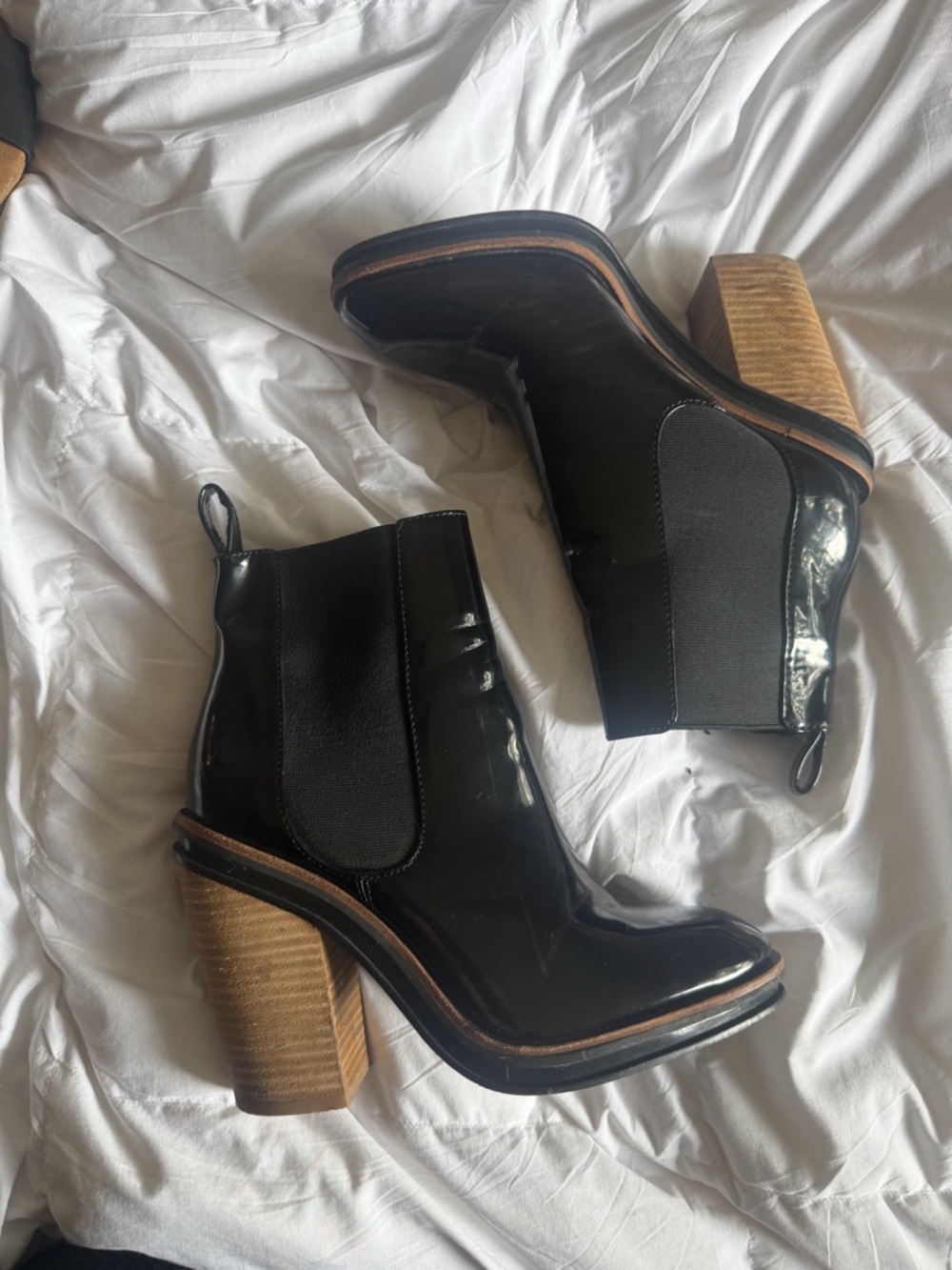 ALDO Black Patent Leather and Wood Block Heel Booties